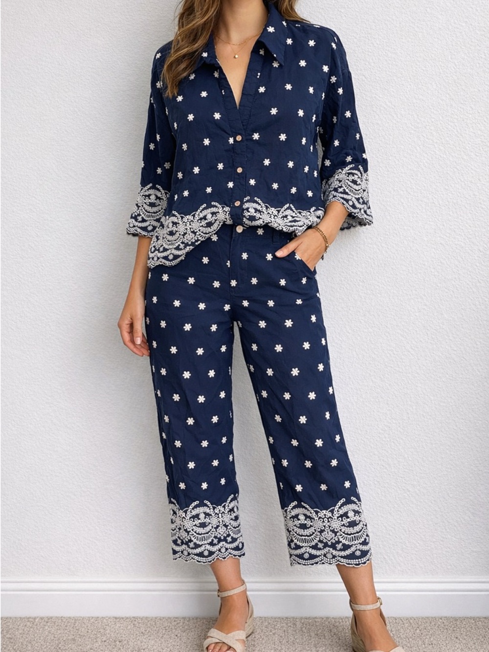 Zara Navy Top and Pants Set with White Daisy Embroidery